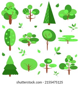 El entorno natural de árboles planos y ecológicos. Plantas naturales de árboles forestales aisladas de fondo blanco. Iconos simples adorables vectores de pinos y árboles caducifolios. Roble, abeto, tronco, álamos, álamo, álamo, castaño.