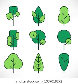 Flat trees with outline set in modern style isolated on white background. Green tree logo. Simple plants icons. Vector illustration. Use for icons, nature designs, maps, landscapes, web, apps