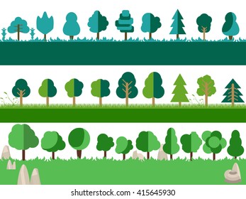 Flat trees, rocks, bushes and grass. Vector icons.