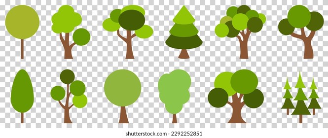 Flat trees set. Cartoon forest plants. Vector illustration isolated on transparent background