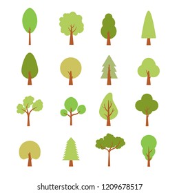 Flat trees set. Flat forest tree nature plant isolated eco foliage.