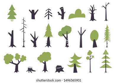 Flat trees set. Flat forest tree nature plant isolated eco foliage. Set of abstract stylized trees. Natural illustration.