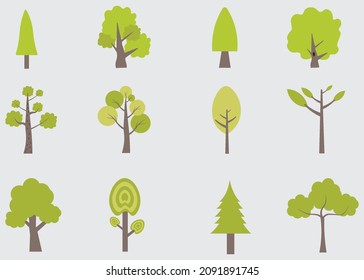 Flat trees set. Flat forest tree nature plant isolated Eco foliage, unique