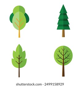 Flat trees set. Flat forest tree nature plant isolated eco foliage. Green trees cartoon vector illustration set