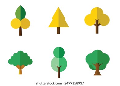 Conjunto de árboles planos. Planta de naturaleza de árbol de bosque plano aislado eco follaje. Conjunto de Ilustración vectorial de dibujos animados de árboles verdes