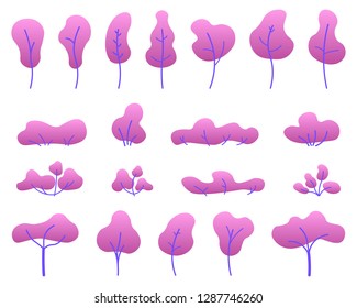 Flat trees set. Various trees, herbs and shrubs in a flat style. Isolated simple cartoon trees on white background. Landscape element design. Vector flat illustration. 