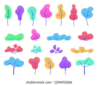 Flat trees set. Various trees, herbs and shrubs in a flat style. Isolated simple cartoon trees on white background. Landscape element design. Vector flat illustration. 