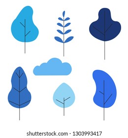 Flat trees set. Various trees, herbs and shrubs in a flat style. Isolated simple cartoon trees on white background. Landscape element design. Vector flat illustration