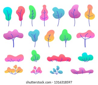 Flat trees set. Various trees, herbs and shrubs in a flat style. Isolated simple cartoon trees on white background. Landscape element design. Vector flat illustration. 