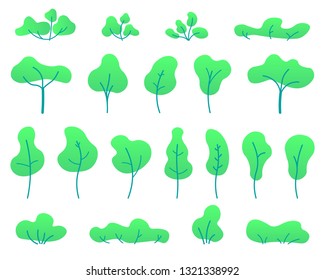 Flat trees set. Various trees, herbs and shrubs in a flat style. Isolated simple cartoon trees on white background. Landscape element design. Vector flat illustration. 