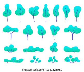 Flat trees set. Various trees, herbs and shrubs in a flat style. Isolated simple cartoon trees on white background. Landscape element design. Vector flat illustration. 