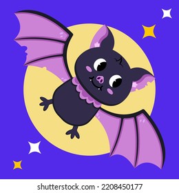 flat trendy cartoon halloween smilling flying bat on moon background vector illustration