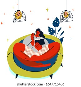 Flat trendy character girl with big leg relaxing in the lounge with plants