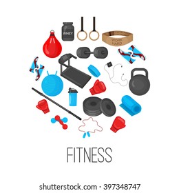 Flat trendy color background with sport equipments elements set for gym or fitness club flayers.