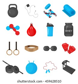 Flat trendy color icons set with sport equipments elements for gym or fitness club flayers.