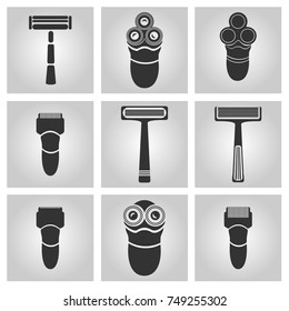 Flat trendy dark icon with electric man shavers set isolated from gray background. Woman trimmer for shaving. Classic safety vector razor.