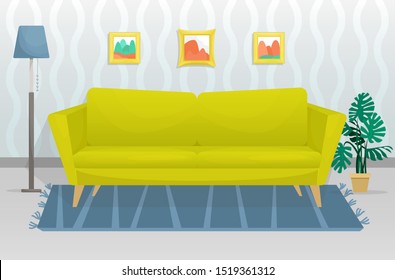 The flat trendy interior features a wooden-legged sofa and a pictures on the wall. Flat vector illustration