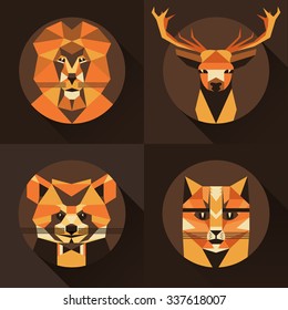 Flat trendy low polygon style animal avatar icon set. Vector illustration. Cat,fox, deer,lion, raccoon