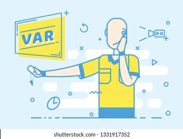 Flat trendy Referee football shows the game stop action. Video Assistant Referee. Soccer VAR System on the TV screen. Vector illustration