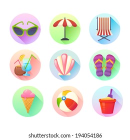 Flat trendy summer colorful icons set with long drop shadow effect