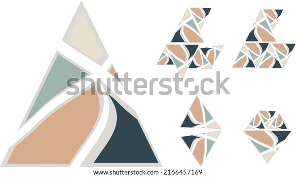 Flat triangle and symbols from it on white. A set of\
triangular symbols divided into parts for business and interior\
solutions, textiles, backgrounds and textures, fabrics, logos,\
stikers, etc.