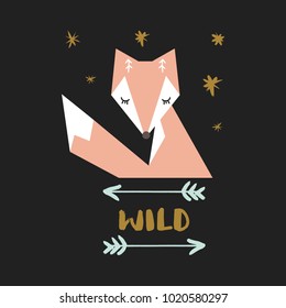 Flat triangles fox, drawn letters and arrows, wildlife label, boho style, baby poster. Decor elements, sticker, card for social networks and other, postcard. Vector, clip art. Isolated.