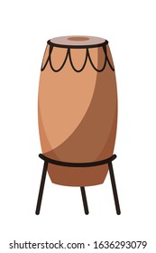 Flat tribal african drum musical percussion instrument. Skin-covered goblet djembe on handmade legs. Traditional aborigine music. Object isolated on white. Tribe culture. Vector cartoon illustration