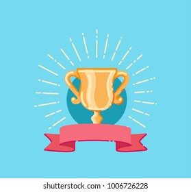 Flat trophy cup, award and red ribbon vector line  illustration on blue background