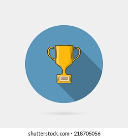 Flat Trophy cup on a  blue circle conceptual of winning reward golden victory quality excellence champion first  icon with long shadow
