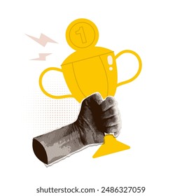 Flat trophy gold cup in winner's halftone collage hand. Sports mixed media retro vector illustration. Fist holding cup isolated element.