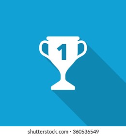 Flat Trophy icon with long shadow on blue backround