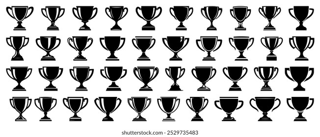 Flat trophy winner cup silhouettes. Black vector illustrations on transparent background. Victory symbol, award cup, winning cups silhouette collection. Win logo. Champions cup illustration sign