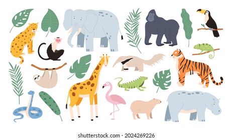 Flat tropical animals from african savannah and jungle forest. Cartoon tiger, monkey, flamingo, elephant and sloth. Safari animal vector set. Illustration of jungle wild animal collection