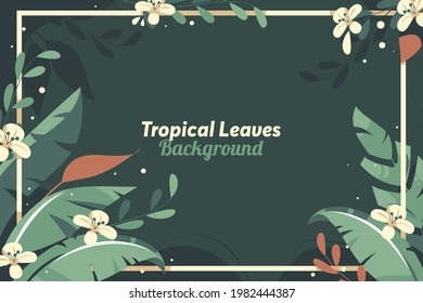 Flat Tropical Background With Leaves and Flower. Frame And Border Background. Vector Illustration