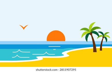 Flat tropical beach landscape vector featuring setting sun over ocean waves, sandy shore, palm trees, and flying bird silhouette, ideal for summer vacation banners and travel design.
