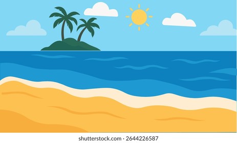 Vetor de praia tropical plana - Ilha à distância, paisagem costeira de verão