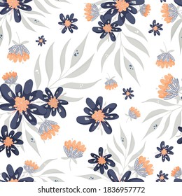 Flat tropical design in ice colors. Vector seamless pattern with flowers and tropical leaves on cold background. Blue, white, grey and peach colors