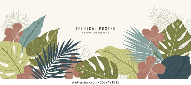 Flat tropical floral background with monstera, banana, palm leaves, and hibiscus flowers. Elegant jungle frame for summer posters and branding.