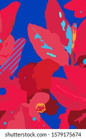 Flores tropicales planas y diseño de fondo de hojas, color rojo y azul de alto contraste, composición simple y divertida