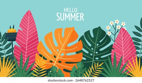 Flat Tropical Foliage Illustration with Stylized Hello Summer Text on Light Blue Background Featuring Vibrant Pink, Orange, and Green Leaves