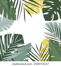 Flat tropical leaves background. Frame of bright tropical plants Hand painted monstera and palm leaves