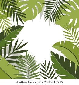 Plano tropical folhas fundo. Quadro de plantas tropicais brilhantes Pintado à mão monstera e folhas de palma