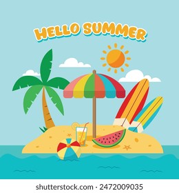 Flat tropical summer background with beach, surfboard and umbrella