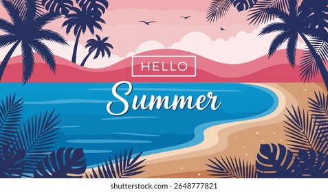 Flat Tropical Summer Illustration with Pink Gradient Sky, Blue Palm Trees, Curved Beach, Ocean Waves, and Stylized HELLO Summer Text in Framed Typography