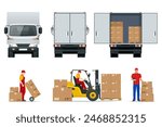 Flat truck side view, rear view. Delivery man. Boxes in a white truck. Open and closed door of container with boxes. Cargo in truck for transportation and export. Forklift truck with boxes on pallet.