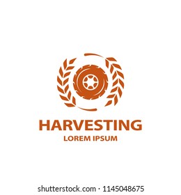 Flat truck wheel and spikelets icon. Harvesting logo template for the business card, branding and corporate identity.