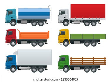 Flat trucks set isolated realistic vehicles on white background. Petroleum tanker, Dump Truck, Refrigerator truck logistics, land transport, delivery side view