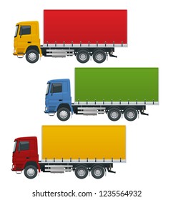 Flat trucks set isolated realistic vehicles on white background. Truck logistics, delivery side view