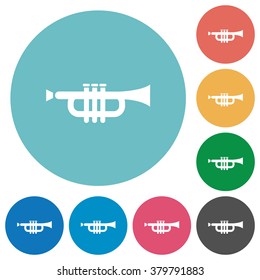 Flat trumpet icon set on round color background.