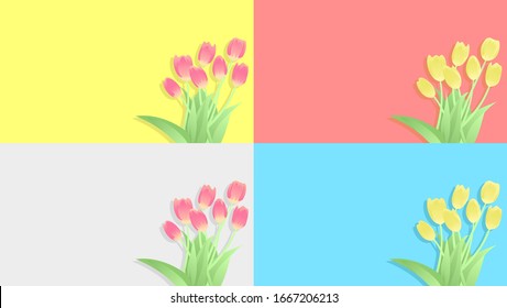 Fondo de diseño de tulipanes planos en cuatro colores, temporada de primavera, flor, bello